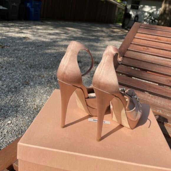 Miu Miu Nude Satin Heels with Crystal Embellishment, Size 6.5 - Picture 7 of 13